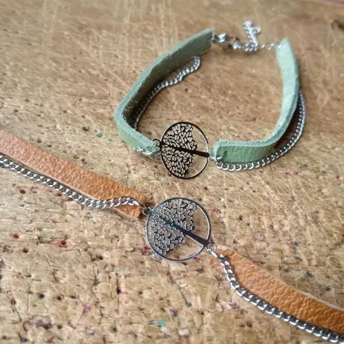 Bracelet cuir et chaine Arbre de vie