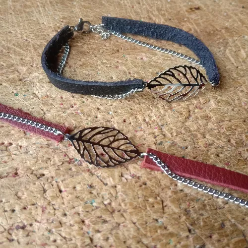 Bracelet cuir et chaine Feuille